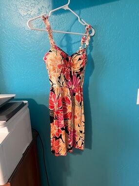 AUW Black Floral Mini Dress with Pink & Orange Blooms